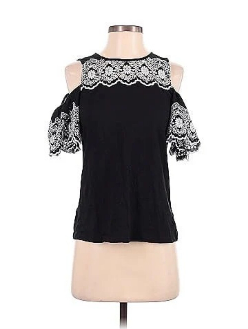 LOFT Black Cold-Shoulder Top with White Lace Embroidery Medium